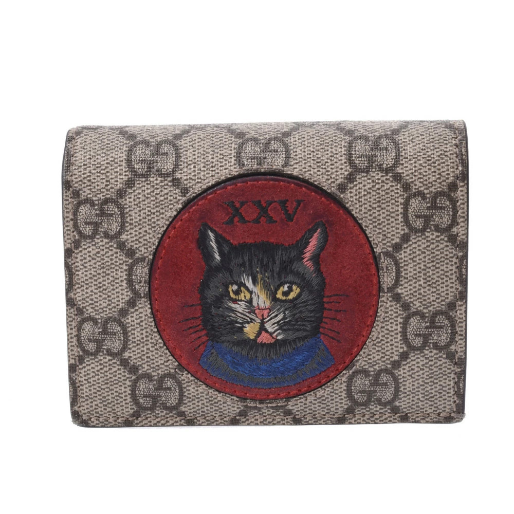 GUCCI GG Supreme Mystic Cat Compact Wallet Gray Red Bi fold